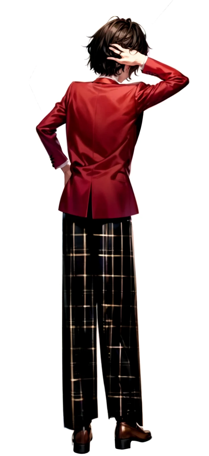 masterpiece, Highest quality, High resolution,(A young man apologizing with his hand on the back of his head) , Black Hair, blazer, Gold Button,Red ugly jacket, Long sleeve, Checked trousers, ,Brown shoes,