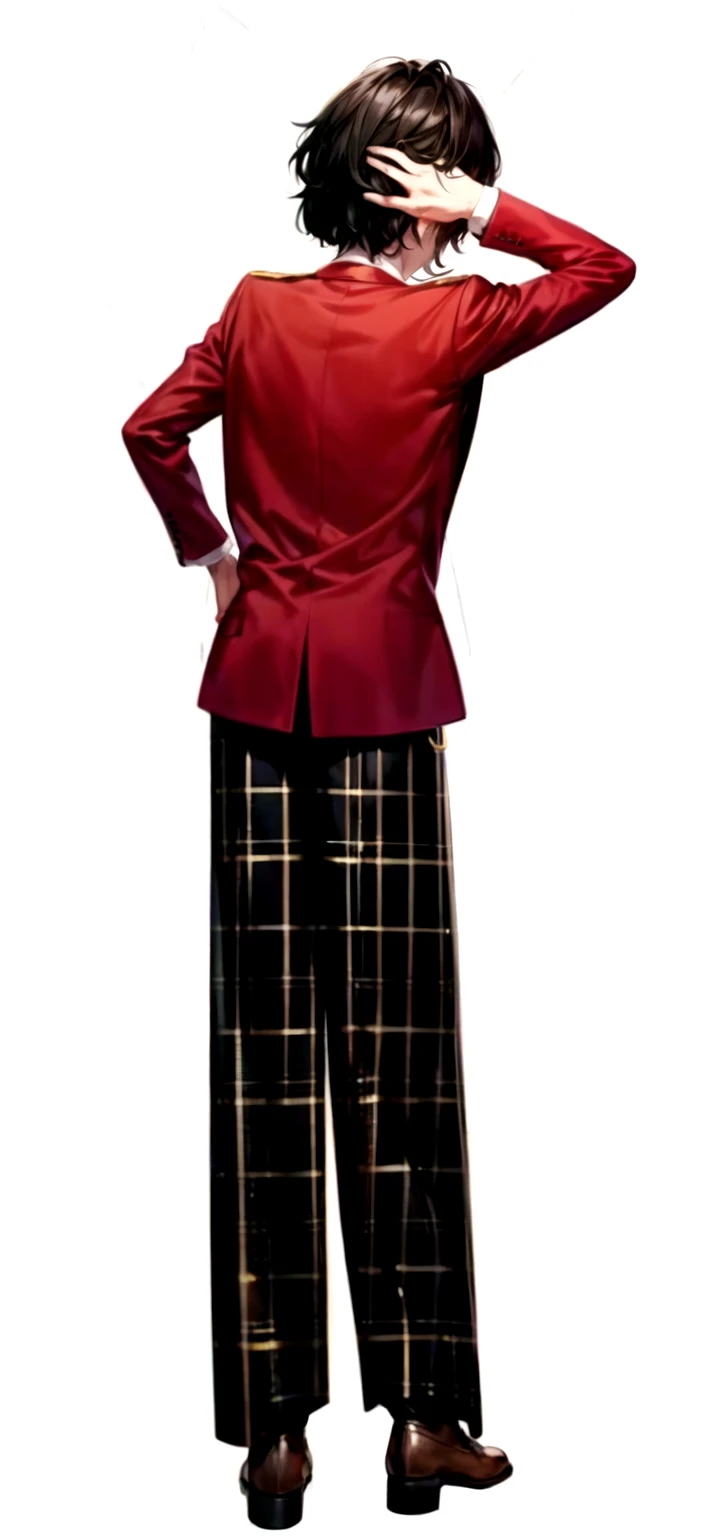 masterpiece, Highest quality, High resolution,(A young man apologizing with his hand on the back of his head) , Black Hair, blazer, Gold Button,Red ugly jacket, Long sleeve, Checked trousers, ,Brown shoes,