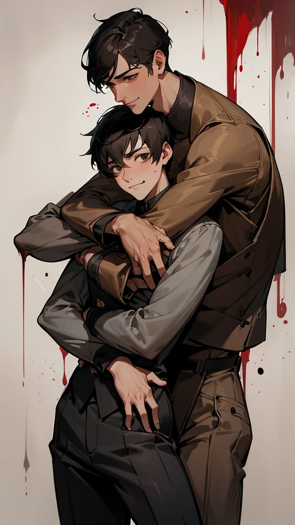 A handsome man with a slim figure, short black hair, black eyes and a smiling face with a bloodstained mouth. A handsome slim man with a sad and hopeless face, short brown hair and brown eyes who was hugging.