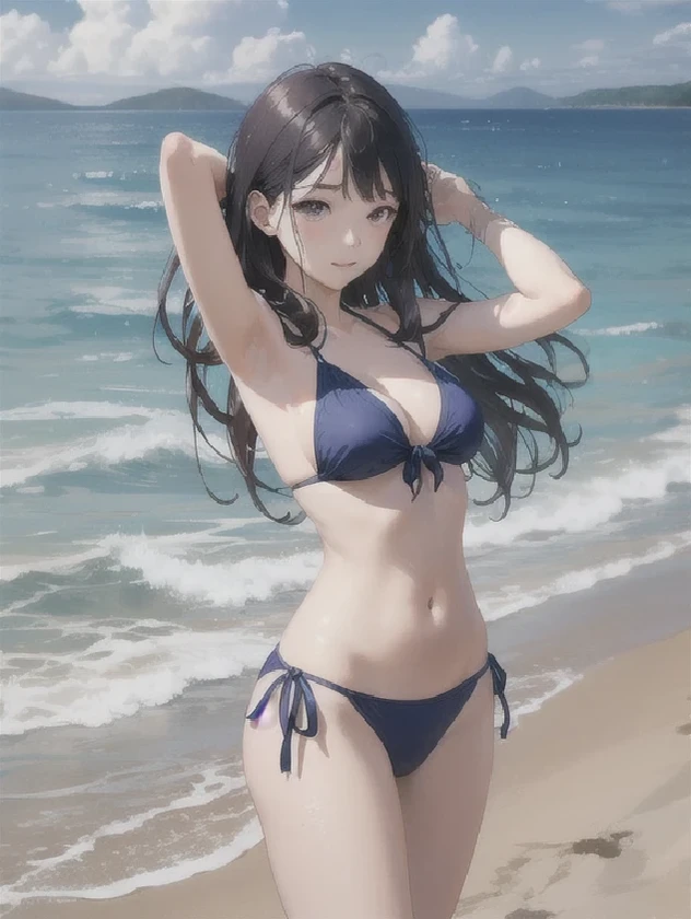 masterpiece、highest quality、High resolution、1 girl、(alone)、red eyes、beautiful long hair、tie hair neatly、Happy、big smile、slender、(big 、cleavage)、waterside in nature、(nudist beach、A large audience is watching in the background、Ocean、sandy beach、splash of water、standing with legs spread apart)、Detailed facial depiction、belly button、(((aayorf、jet black hair)))、(((slim white bikini)))、thin nipples、running and stumbling、Dancing while showing your armpits、Losing balance and falling down、((Lots of spectators in the background、crowd on background、The crowd is filming us))