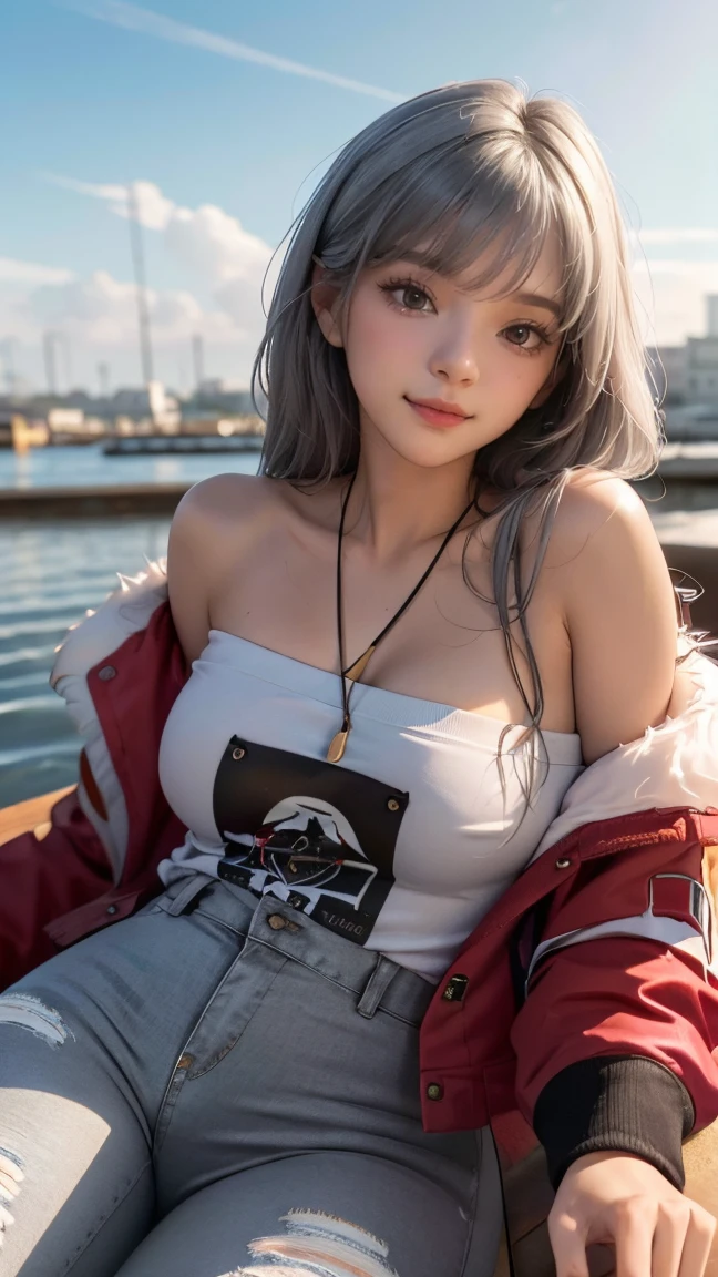 (masterpiece), (best quality), (ultra detailed),(illustration), (1girl),looking at viewer, (interview),beautiful detailed eyes, delicate beautiful face, Floating,(high saturation),(shining), large breast, frimadef, grey hair, white shirt, red jacket, fur trim, open clothes, off shoulder, black pants, torn pants, necklace, sleep mask, smiled