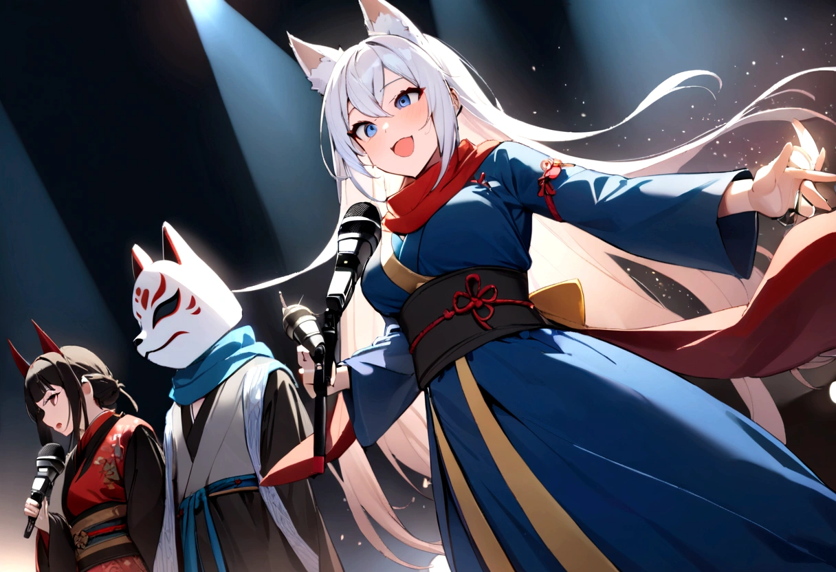 Singing passionately!smile、Wink、microphoneを持って叫ぶ、Singing passionatelyする、Visible valley、Shout with your mouth wide open、Sing a song、microphone、(masterpiece, best quality:1.2), 1girl, 独奏,Wolf girl, fox mask, ninja, girl, long white hair, odd eyes, blue kimono, ninja girl, red and blue scarf, fantastic atmosphere.night、Singing on stage、microphoneを持って叫ぶ、、Aside exposure、Black fox mask、Shining Spotlight