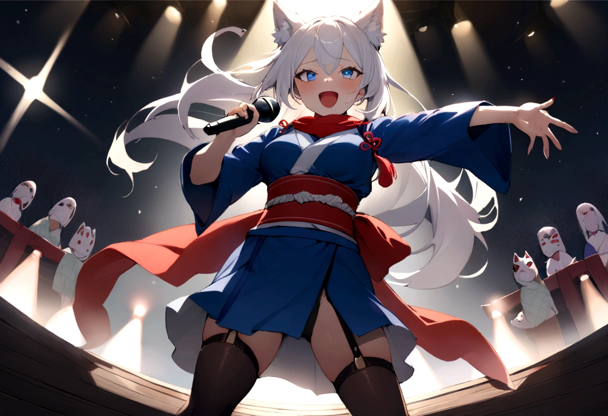 Singing passionately！smile、Wink、microphoneを持って叫ぶ、Singing passionatelyする、Visible valley、Shout with your mouth wide open、Sing a song、microphone、(masterpiece, best quality:1.2), 1girl, 独奏,Wolf girl, fox mask, ninja, girl, long white hair, odd eyes, blue kimono, ninja girl, red and blue scarf, fantastic atmosphere.night、Singing on stage、microphoneを持って叫ぶ、、Aside exposure、Black fox mask、Shining Spotlight