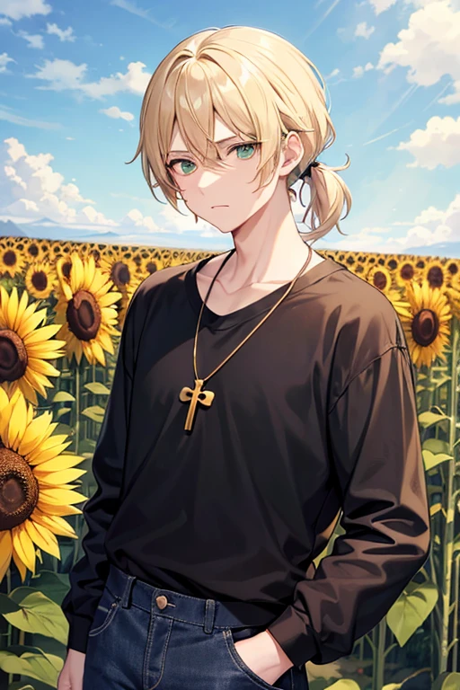 Anime boy, neutral expression, with blonde hair tied up in short ponytail, green eyes, black T-shirt, blue jeans, gold cross necklace, standing in a tall sunflower field, holding sunflower in hands, stormy dark grey clouds in background