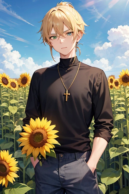 Anime boy, neutral expression, with blonde hair tied up in short ponytail, green eyes, black T-shirt, blue jeans, gold cross necklace, standing in a tall sunflower field, holding sunflower in hands, stormy dark grey clouds in background