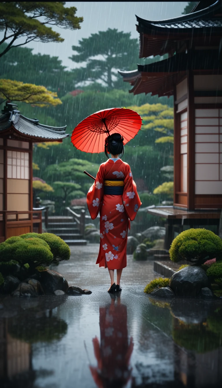 score_9, score_8_up, score_7_up, source_anime, detailed, 8k, cinematic angle, rating safe, wide shot, A woman in kimono holding an umbrella stands in a Japanese garden in the rain.