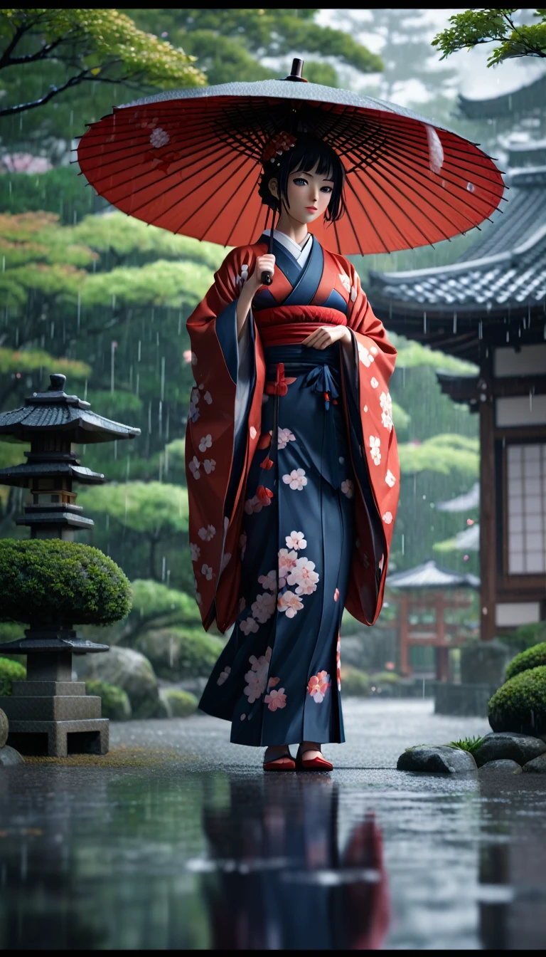 score_9, score_8_up, score_7_up, source_anime, detailed, 8k, cinematic angle, rating safe, wide shot, A woman in kimono holding an umbrella stands in a Japanese garden in the rain.