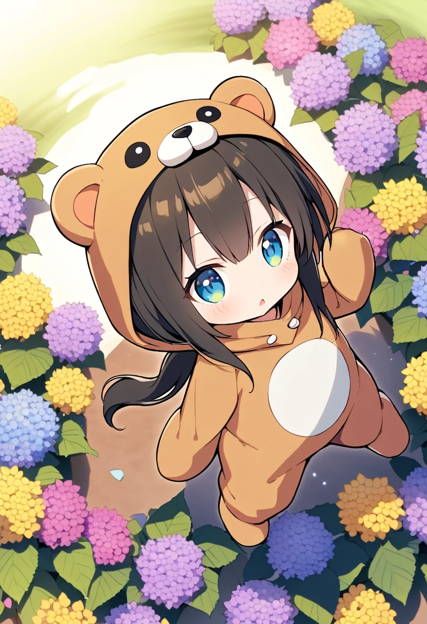 1girl,deltamon_beta, solo, (eyes highlight,((upturned eyes)),((Angle from above:1.3)),from above、Looking at camera,
BREAK {ponytail |short twintails | long hair |layered cut|bob cut},{black hair|brown hair|blonde hair},((idol)),((loli,Maid)),((chibi,loli)), (((hydrangea:1.2),a lot of flowers)),(bear full body costume Kigurumi:1.3)