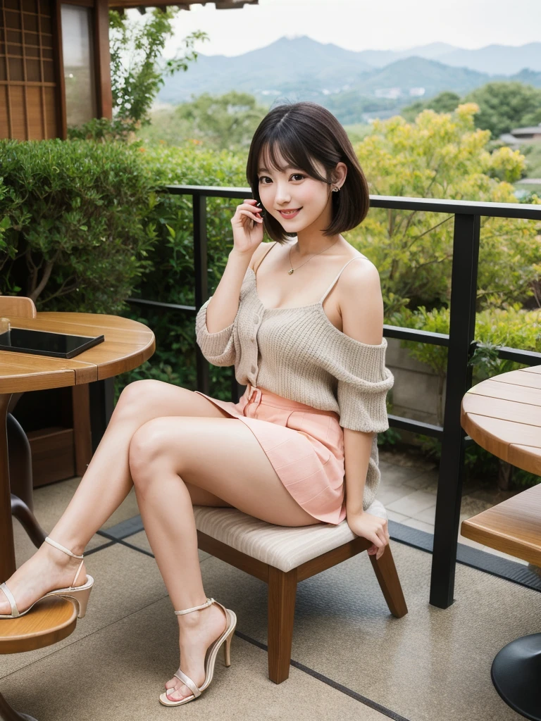 (8K, Realistic, RAW Photos, Highest quality: 1.4),Japanese idol-style beautiful girl,1 person,18-year-old,Short Bob,She has her hair tucked behind her ears,Large, clear grey eyes,Long eyelashes,(piercings(small)),(Lip gloss),lips(Plump,glossy),Tank top,Off-the-shoulder lace cardigan,(flare skirt),Long legs,Barefoot and high heels,Cafe terrace with a view of the Japanese garden,Sitting on a chair with legs crossed,Smiling at the camera,Front view,Full body portrait