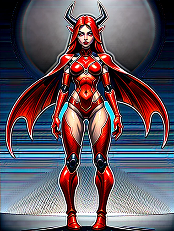 (masterpiece), best quality, expressive eyes, perfect face, female machine, devil, robot, metalic skin, full body, red metalic skin, horns
