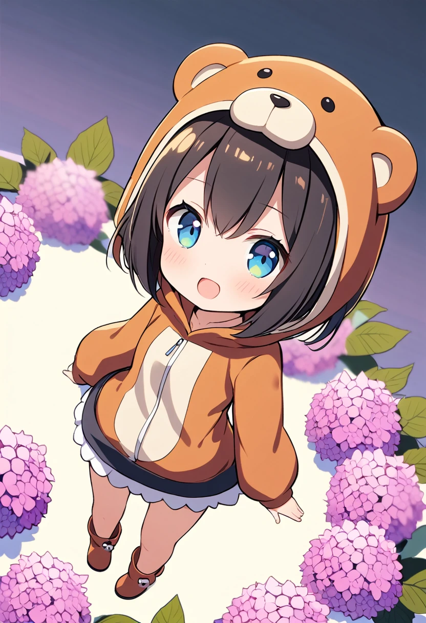 1girl,deltamon_beta, solo, (eyes highlight,((upturned eyes)),((Angle from above:1.3)),from above、Looking at camera,
BREAK {ponytail |short twintails | long hair |layered cut|bob cut},{black hair|brown hair|blonde hair},((idol)),((,Maid)),((chibi,loli(((hydrangea:1.2),a lot of flowers)),(bear full body costume Kigurumi:1.3)