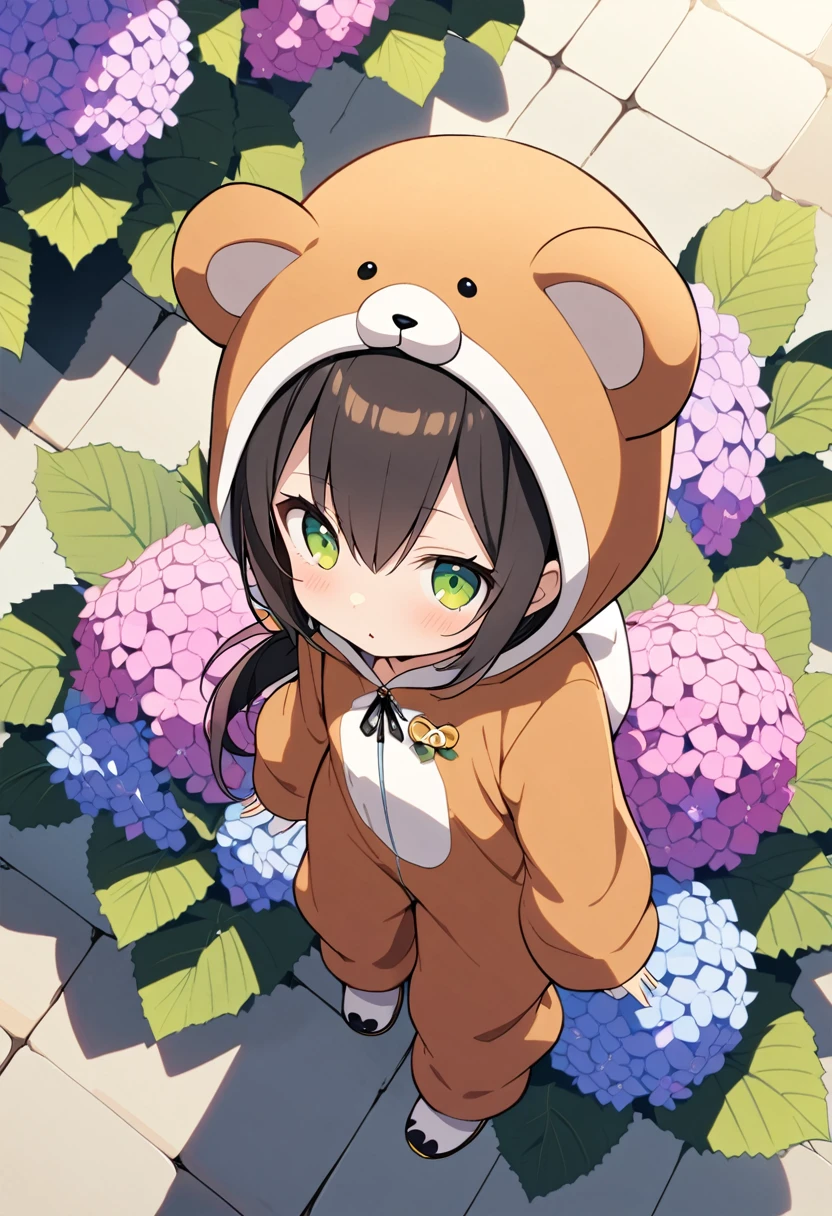 1girl,deltamon_beta, solo, (eyes highlight,((upturned eyes)),((Angle from above:1.3)),from above、Looking at camera,
BREAK  {ponytail |short twintails | long hair |layered cut|bob cut},{black hair|brown hair|blonde hair},((idol)),((loli,Maid)),((chibi,loli)), (((hydrangea:1.2),a lot of flowers)),(bear full body costume Kigurumi:1.3)