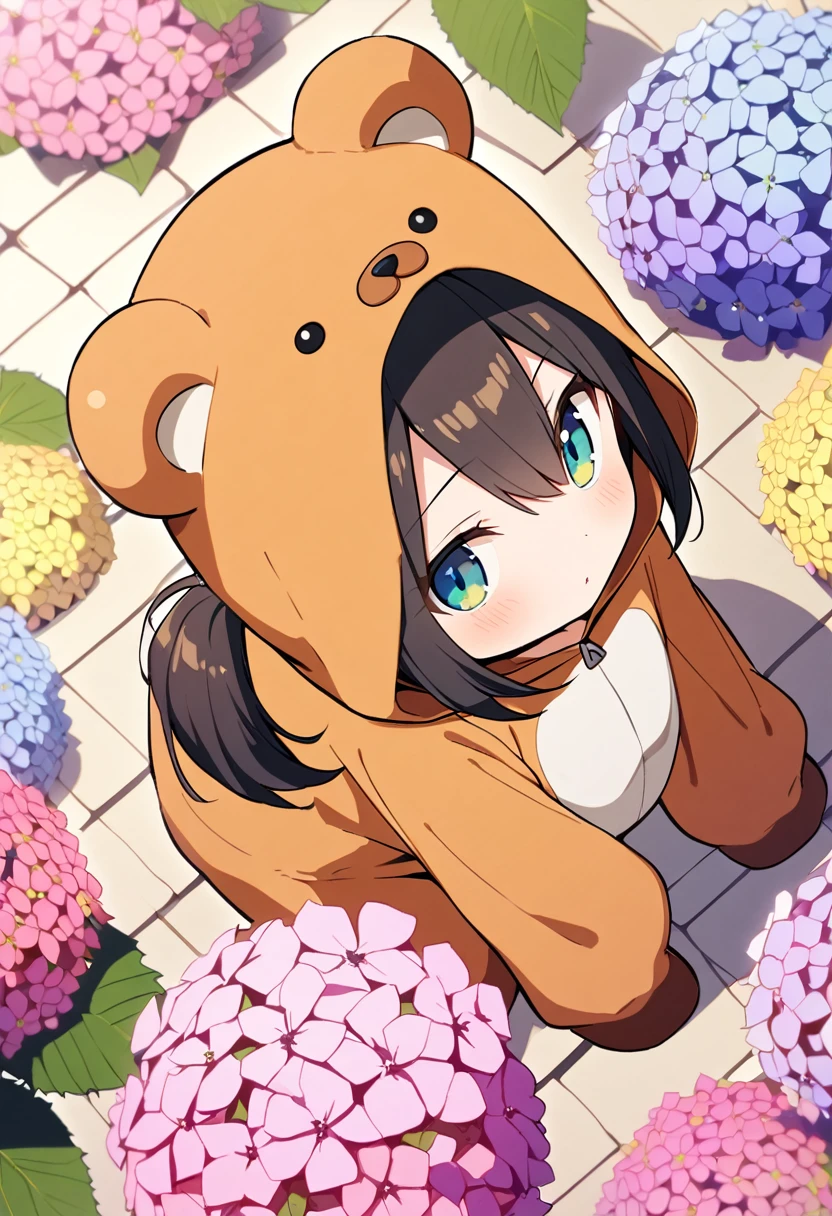 1girl,deltamon_beta, solo, (eyes highlight,((upturned eyes)),((Angle from above:1.3)),from above、Looking at camera,
BREAK  {ponytail |short twintails | long hair |layered cut|bob cut},{black hair|brown hair|blonde hair},((idol)),((loli,Maid)),((chibi,loli)), (((hydrangea:1.2),a lot of flowers)),(bear full body costume Kigurumi:1.3)