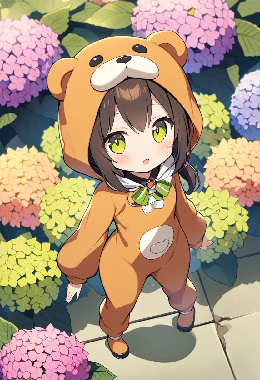1girl,deltamon_beta, solo, (eyes highlight,((upturned eyes)),((Angle from above:1.3)),from above、Looking at camera,
BREAK {ponytail |short twintails | long hair |layered cut|bob cut},{black hair|brown hair|blonde hair},((idol)),((,Maid)),((chibi,loli(((hydrangea:1.2),a lot of flowers)),(bear full body costume Kigurumi:1.3)