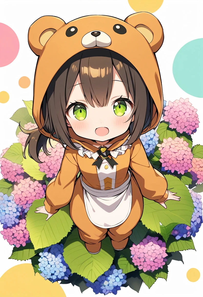 1girl,deltamon_beta, solo, (eyes highlight,((upturned eyes)),((Angle from above:1.3)),from above、Looking at camera,
BREAK {ponytail |short twintails | long hair |layered cut|bob cut},{black hair|brown hair|blonde hair},((idol)),((loli,Maid)),((chibi,loli)), (((hydrangea:1.2),a lot of flowers)),(bear full body costume Kigurumi:1.3)