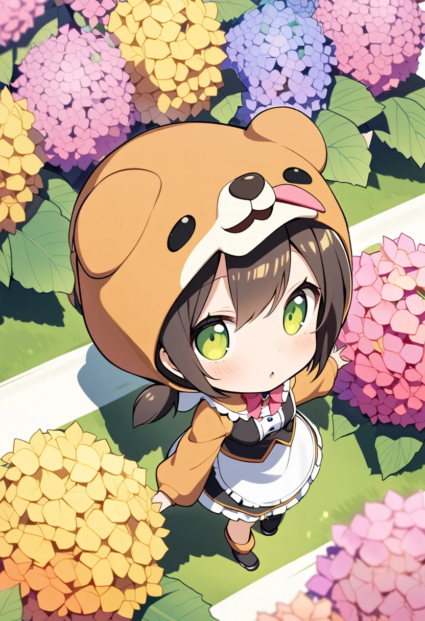 1girl,deltamon_beta, solo, (eyes highlight,((upturned eyes)),((Angle from above:1.3)),from above、Looking at camera,
BREAK {ponytail |short twintails | long hair |layered cut|bob cut},{black hair|brown hair|blonde hair},((idol)),((,Maid)),((chibi,loli(((hydrangea:1.2),a lot of flowers)),(bear full body costume Kigurumi:1.3)