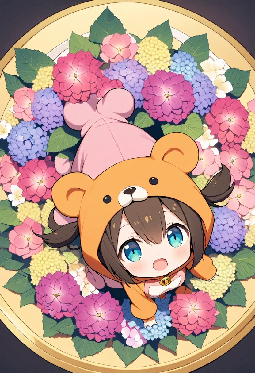 1girl,deltamon_beta, solo, (eyes highlight,((upturned eyes)),((Angle from above:1.3)),from above、Looking at camera,
BREAK {ponytail |short twintails | long hair |layered cut|bob cut},{black hair|brown hair|blonde hair},((idol)),((loli,Maid)),((chibi,loli)), (((hydrangea:1.2),a lot of flowers)),(bear full body costume Kigurumi:1.3)