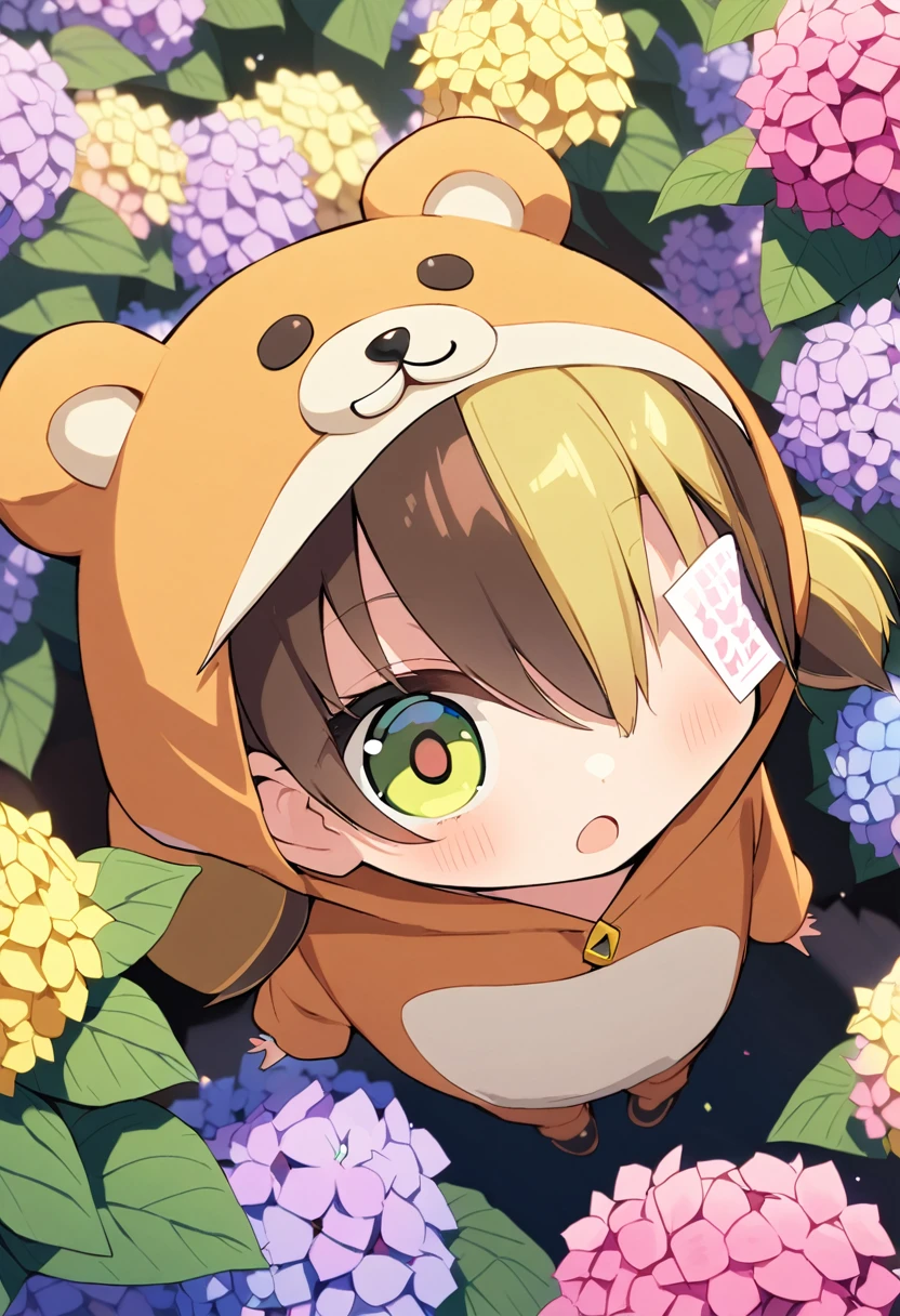 1girl,deltamon_beta, solo, (eyes highlight,((upturned eyes)),((Angle from above:1.3)),from above、Looking at camera,
BREAK  {ponytail |short twintails | long hair |layered cut|bob cut},{black hair|brown hair|blonde hair},((idol)),((loli,Maid)),((chibi,loli)), (((hydrangea:1.2),a lot of flowers)),(bear full body costume Kigurumi:1.3)