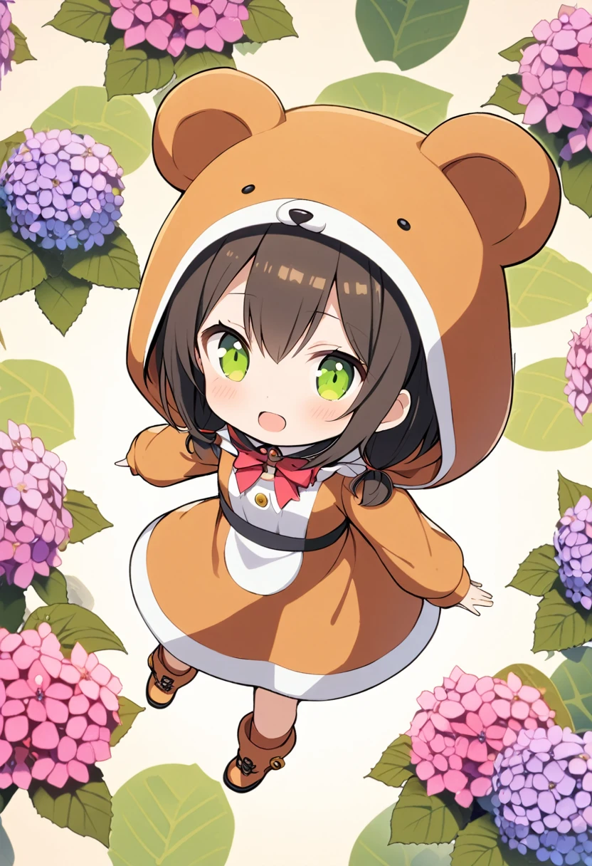 1girl,deltamon_beta, solo, (eyes highlight,((upturned eyes)),((Angle from above:1.3)),from above、Looking at camera,
BREAK {ponytail |short twintails | long hair |layered cut|bob cut},{black hair|brown hair|blonde hair},((idol)),((loli,Maid)),((chibi,loli)), (((hydrangea:1.2),a lot of flowers)),(bear full body costume Kigurumi:1.3)