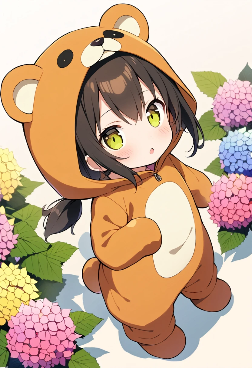1girl,deltamon_beta, solo, (eyes highlight,((upturned eyes)),((Angle from above:1.3)),from above、Looking at camera,
BREAK {ponytail |short twintails | long hair |layered cut|bob cut},{black hair|brown hair|blonde hair},((idol)),((,Maid)),((chibi,loli(((hydrangea:1.2),a lot of flowers)),(bear full body costume Kigurumi:1.3)