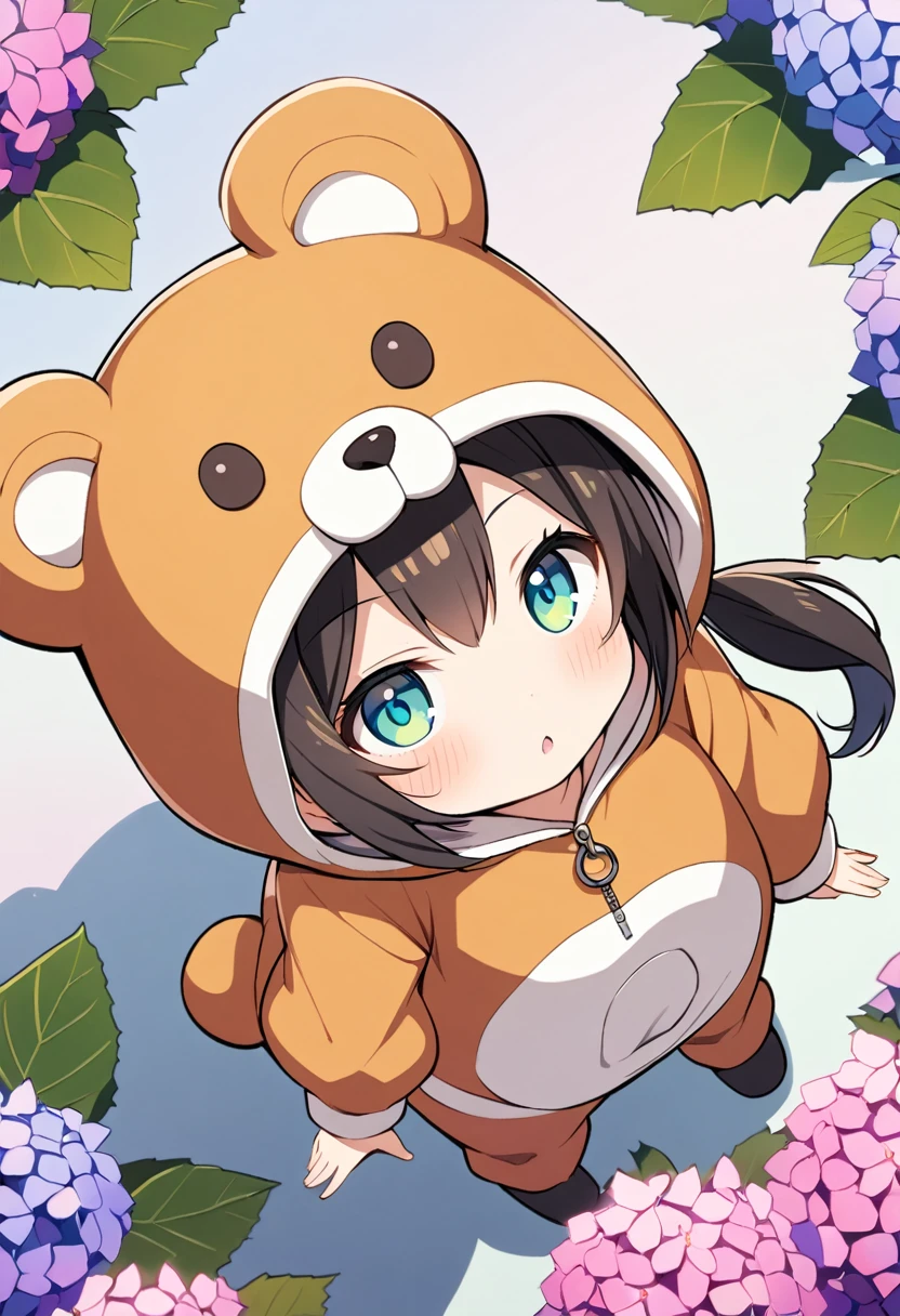 1girl,deltamon_beta, solo, (eyes highlight,((upturned eyes)),((Angle from above:1.3)),from above、Looking at camera,
BREAK {ponytail |short twintails | long hair |layered cut|bob cut},{black hair|brown hair|blonde hair},((idol)),((loli,Maid)),((chibi,loli)), (((hydrangea:1.2),a lot of flowers)),(bear full body costume Kigurumi:1.3)