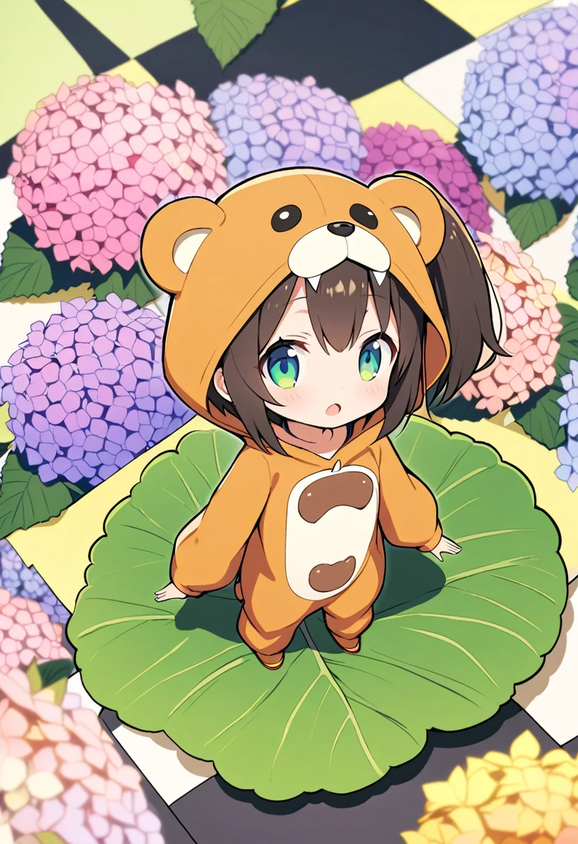 1girl,deltamon_beta, solo, (eyes highlight,((upturned eyes)),((Angle from above:1.3)),from above、Looking at camera,
BREAK {ponytail |short twintails | long hair |layered cut|bob cut},{black hair|brown hair|blonde hair},((idol)),((loli,Maid)),((chibi,loli)), (((hydrangea:1.2),a lot of flowers)),(bear full body costume Kigurumi:1.3)