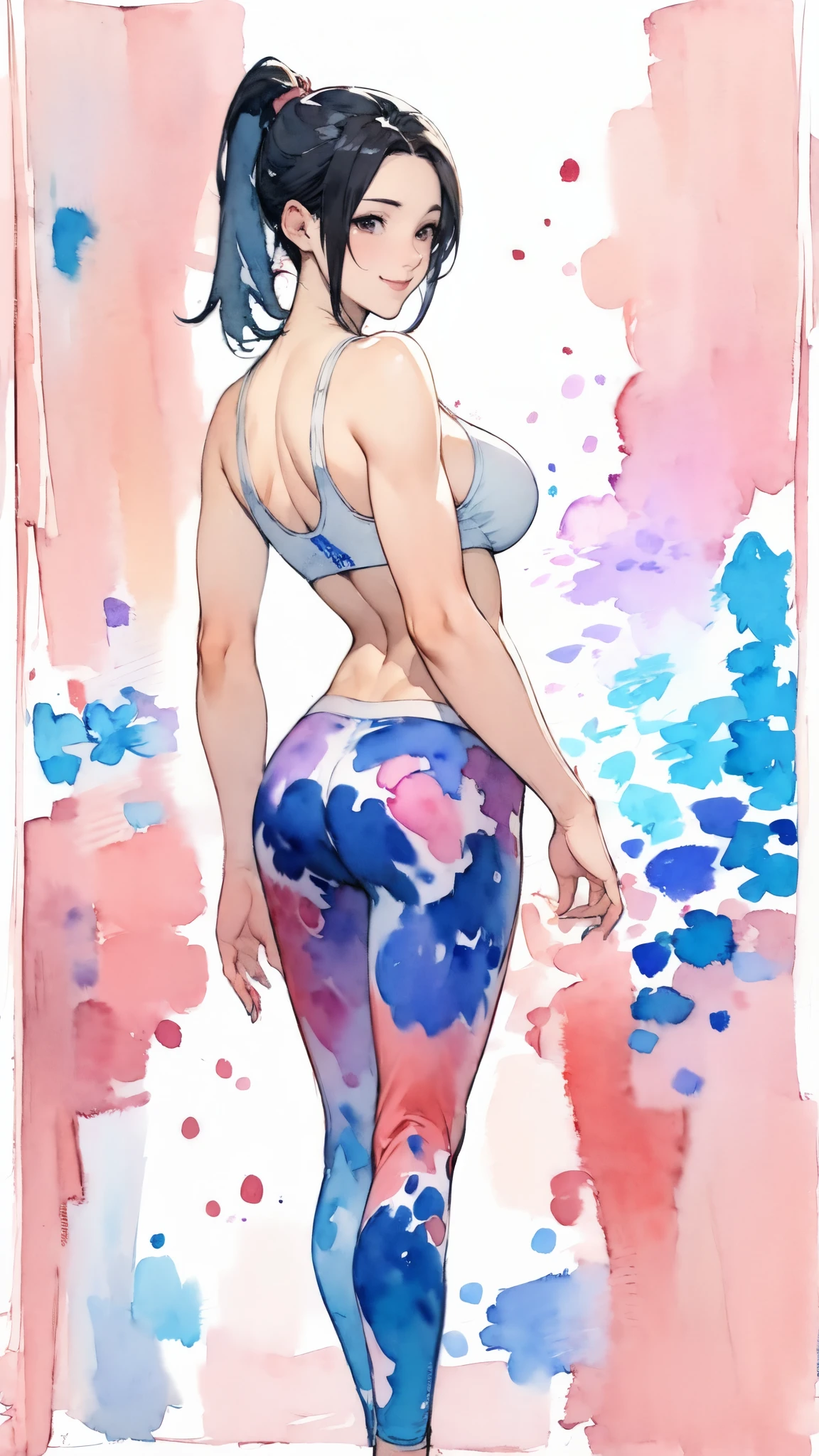 (masterpiece:1.2, Highest quality),(Very detailed),(((watercolor))),8K,wallpaper,(leggings),(Sports Bra),Gravure photoshoot,Middle-aged women,50 years old,Japanese women,ゴージャスなwhole bodyの肖像画,A lovely and delicate face,((Muscular)),(Beautiful Muscles),(Black Hair),(((front))),(((whole body:1.5))),(smile),((Detailed hand drawing)),((Beautiful female hands)),(Big Breasts),(((透明watercolor:1.4))),(((Arching the back)))