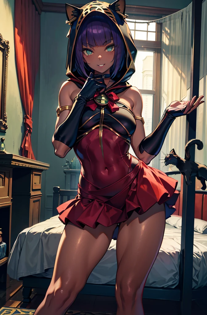 Masterpiece, best quality, absurdres, ((1girl)), , menat_holiday,  light smile, dark skin, Green eyes, egyptian, bob cut, red dress, (black hood), black gloves,(shiny thighs),, , bare shoulders,sexy thighs,beautiful hip line,((solo)),,evil smile,,,in bedroom,upskirt,cat pose,doggy style,parted lips,lip,