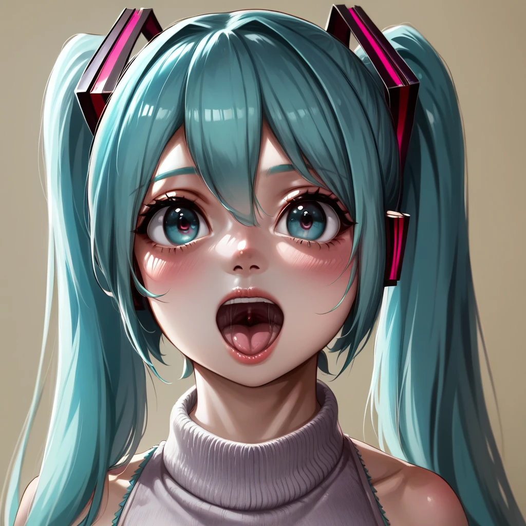 portrait, [:(score_4_up:0.25):0.65], [score_9_up:score_6_up:0.35], [:anime:0.4], portrait, detail face, large eyes, woman standing, ((hatsune miku)), medium breasts, sweater, skirt, motherly, [:photorealism:0.5]  focus on face, detailed mouth, mesmerizing mouth, high definition mouth, focus on face, best quality, detailed, absurd resolution, absurd detail, intricate details, vibrant colors, ultra-realistic, open mouth,