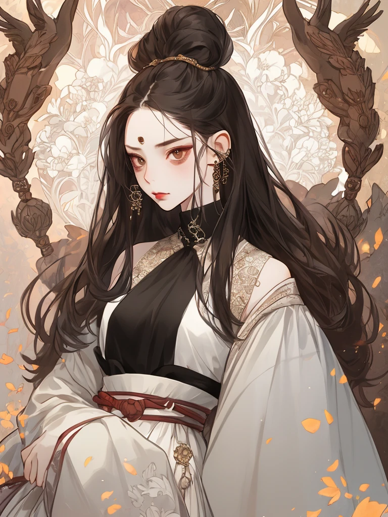 A girl. Women. Brown hair and Hazel eyes, long hair, art Nouveau, punk style, goth, ear piercings, mole under the eye, tanned skin, serene countenance and mystical air.