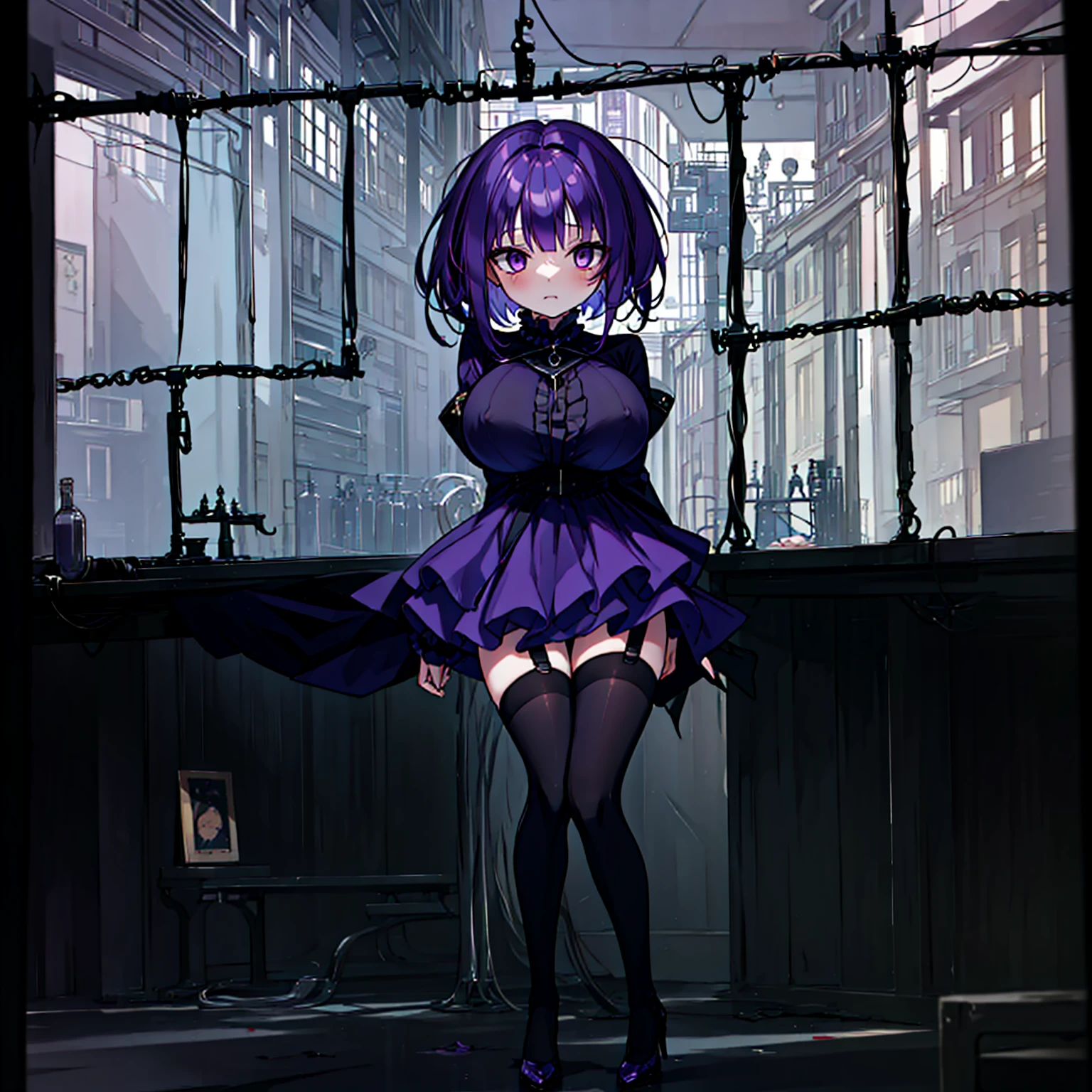 (solo), (1 skinny short girl:1.2), in the dark hall of mansion, (midnight), purple eyes over hair, Gothic ta, arms behind back, BREAK, (black short hair), (bursting huge breasts:1.2), (bouncing huge breasts:1.2), pale white skins, (skinny narrow waist), skinny legs, BREAK, (frilled layered black short dress), (frilled black cape), close chest, frilled long sleeve, show off thigh gap, (frilled black thighhighs:1.1), stiletto heels, BREAK, sad face, orgasm, coverd erectile nipples