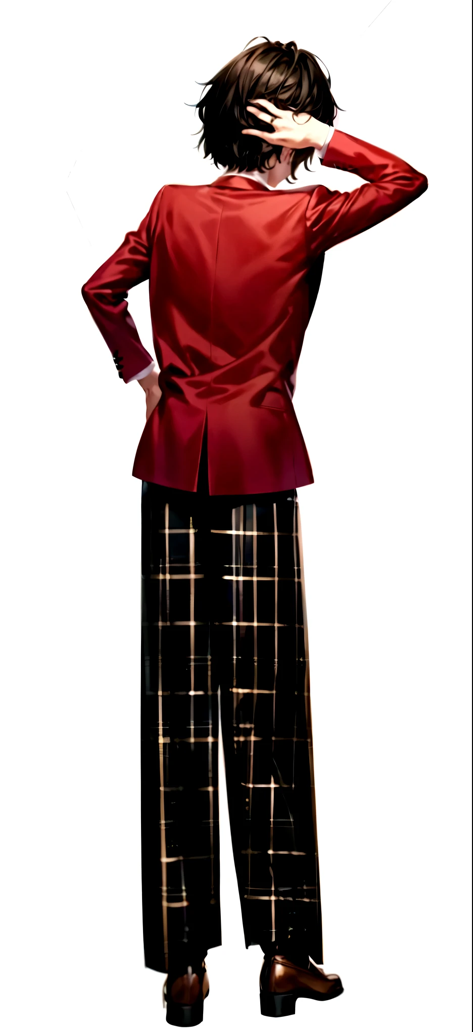 masterpiece, Highest quality, High resolution,(A young man apologizing with his hand on the back of his head) , Black Hair, blazer, Gold Button,Red ugly jacket, Long sleeve, Checked trousers, ,Brown shoes,