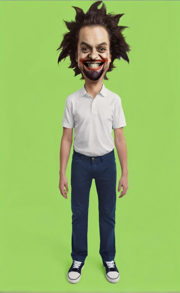 Reproduce this realistic tall photo,transform this man with a joker smile