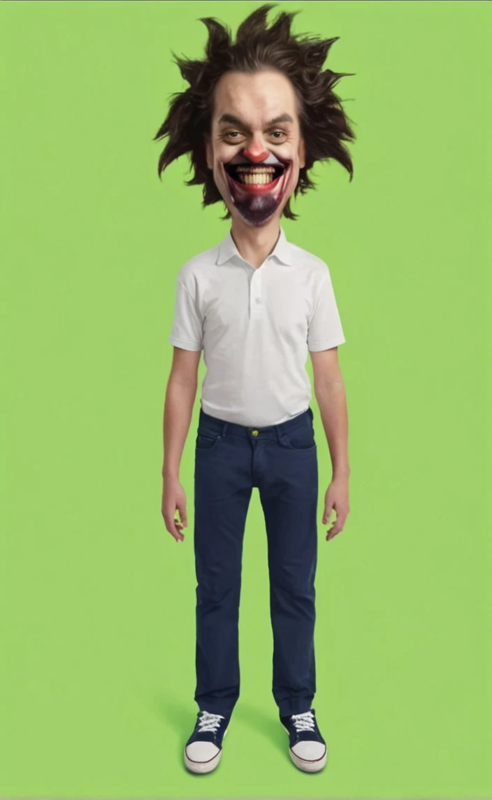 Reproduce this realistic tall photo,transform this man with a joker smile