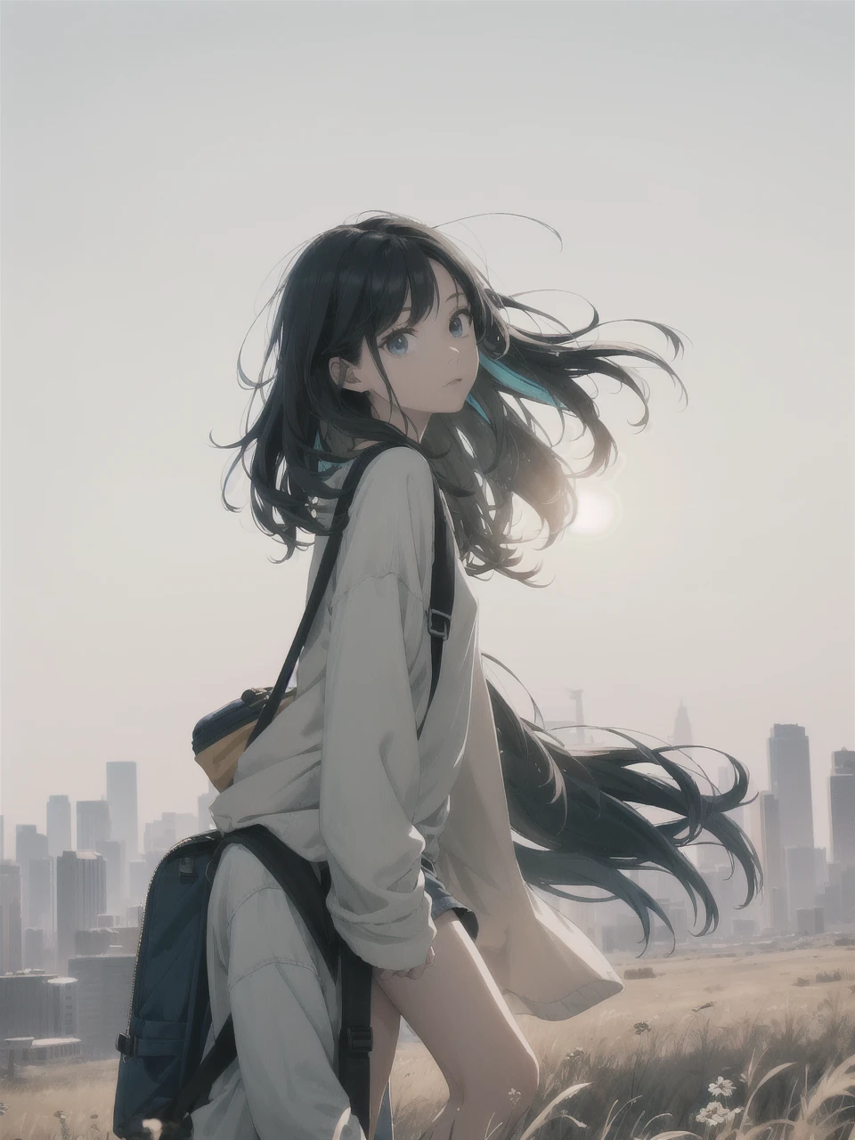 The vast sky, beautiful skyline, large grasslands, extremely tense and dramatic pictures, moving visual effects, high hanging Polaris, colorful natural glare. A girl in a long-sleeved top and denim shorts with a side backpack