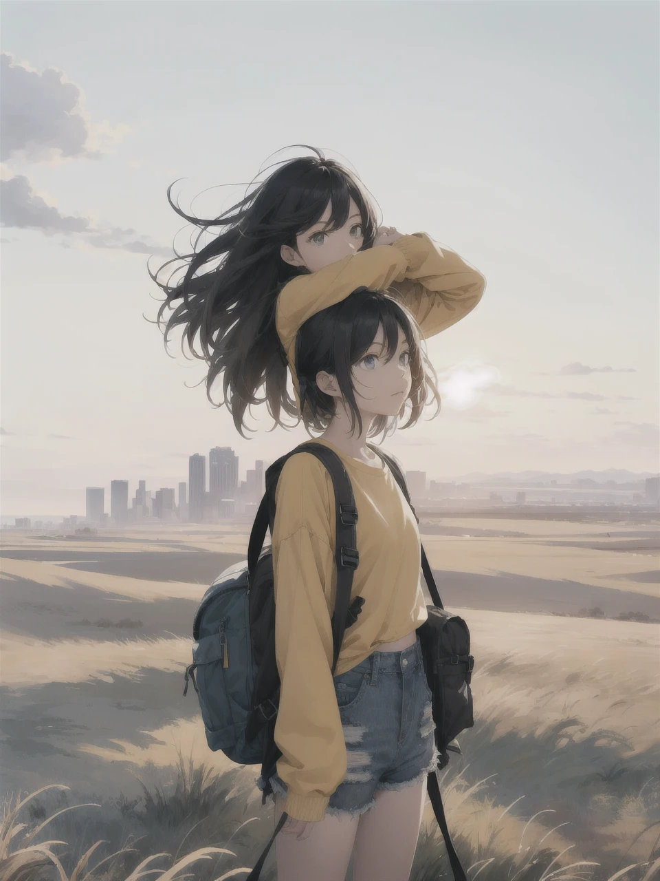 The vast sky, beautiful skyline, large grasslands, extremely tense and dramatic pictures, moving visual effects, high hanging Polaris, colorful natural glare. A girl in a long-sleeved top and denim shorts with a side backpack