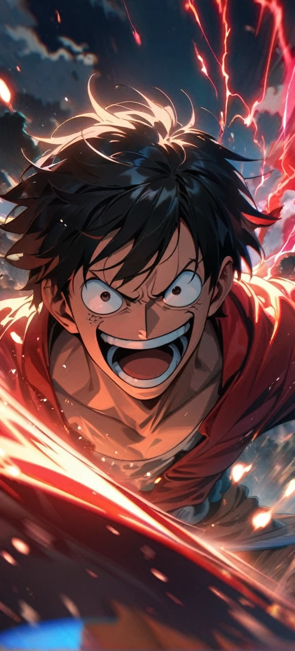 High quality, ,absurdres, highres, ultra detailed, HDR, masterpiece, extremely detailed face and eyes, Luffy , One Piece,, Black hair ,, solo, ,man, handsome, ,, Epic fight scene, red splashing effect,red lightning effect,glowing glitters ,
