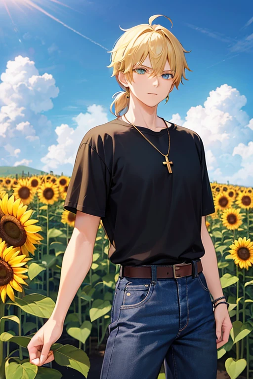 Anime boy, neutral expression, with blonde hair tied up in short ponytail, green eyes, black T-shirt, blue jeans, gold cross necklace, standing in a tall sunflower field, holding sunflower in hands, storm clouds in background