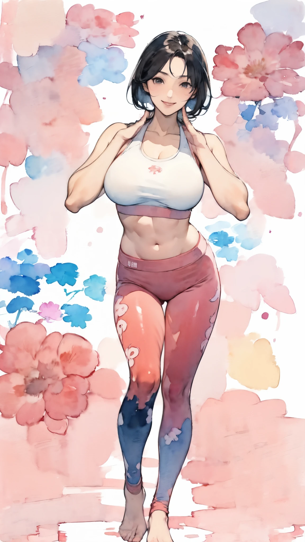 (masterpiece:1.2, Highest quality),(Very detailed),(((watercolor))),8K,wallpaper,(leggings),(Sports Bra),Gravure photoshoot,Middle-aged women,50 years old,Japanese women,ゴージャスなwhole bodyの肖像画,A lovely and delicate face,((Muscular)),(Beautiful Muscles),(Black Hair),(((front))),(((whole body:1.5))),(smile),((Detailed hand drawing)),((Beautiful female hands)),(Big Breasts),(((透明watercolor:1.4))),(((Random Yoga Poses)))