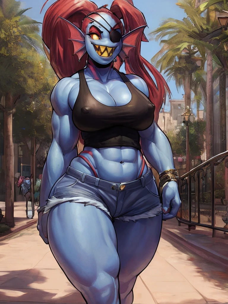 by darkgem, by duase, by bng, solo, 1girl, undyne, blue skin, huge teeth, yellow teeth, laughing, black eye patch, female, older woman, smooth body, broad shoulders, wide body, wide hips, thick thighs, big arms, heavy breasts, nipple outline, highly detailed eye, milf, black tank top, (bare midriff:1.3), cleavage, large areolae, denim cutoffs, visible thong straps, Masterpiece, best quality, absurd res, highly detailed, cleanly drawn eyes, park environment, standing upright, big bottom lip, black lipstick, casual posture, walking toward viewer, bare feet,