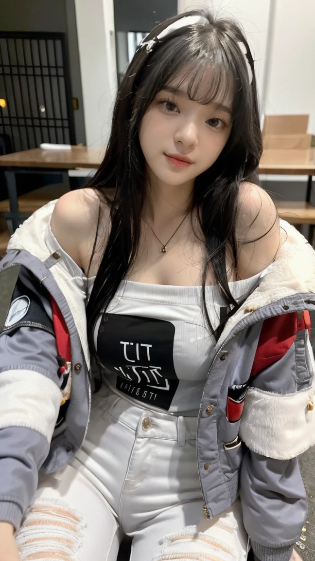 (masterpiece), (best quality), (ultra detailed),(illustration), (1girl),looking at viewer, (interview),beautiful detailed eyes, delicate beautiful face, Floating,(high saturation),(shining), large breast, frimadef, grey hair, white shirt, red jacket, fur trim, open clothes, off shoulder, black pants, torn pants, necklace, sleep mask, smiled