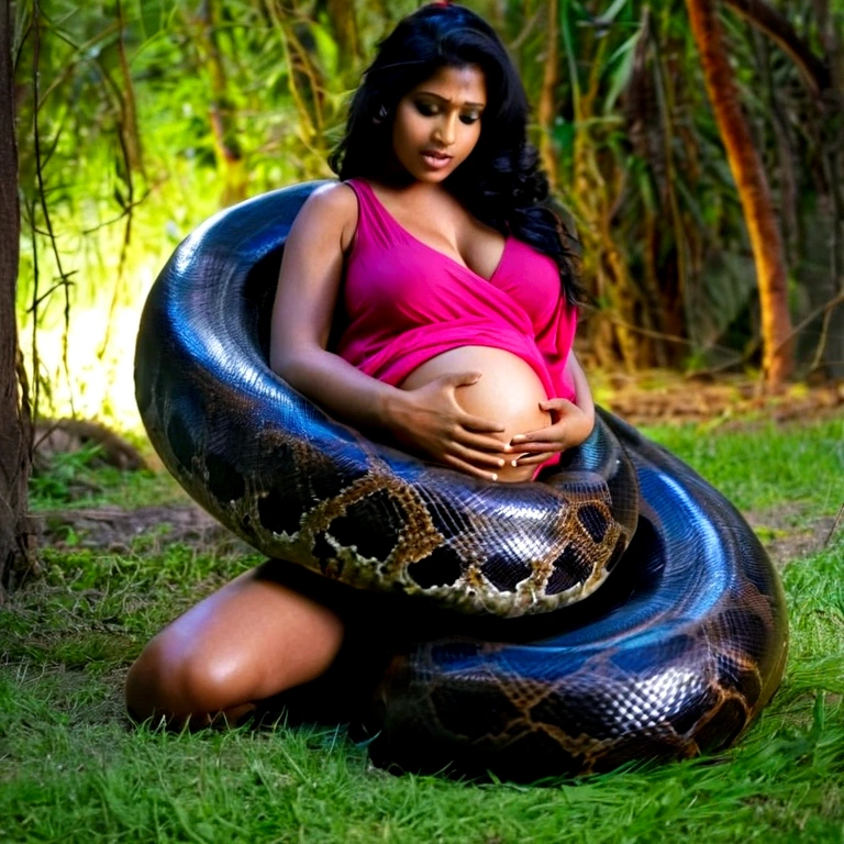 Pregnant  Happy Horny, aroused 1girl), beautiful kneeling Indian young teen girl  with  giant colossal black titanboa squeezing her hard, wrapped in thick spiraling coils, constricted, struggle, gasping for air, snake attack, snake peril, moonless night, dim light