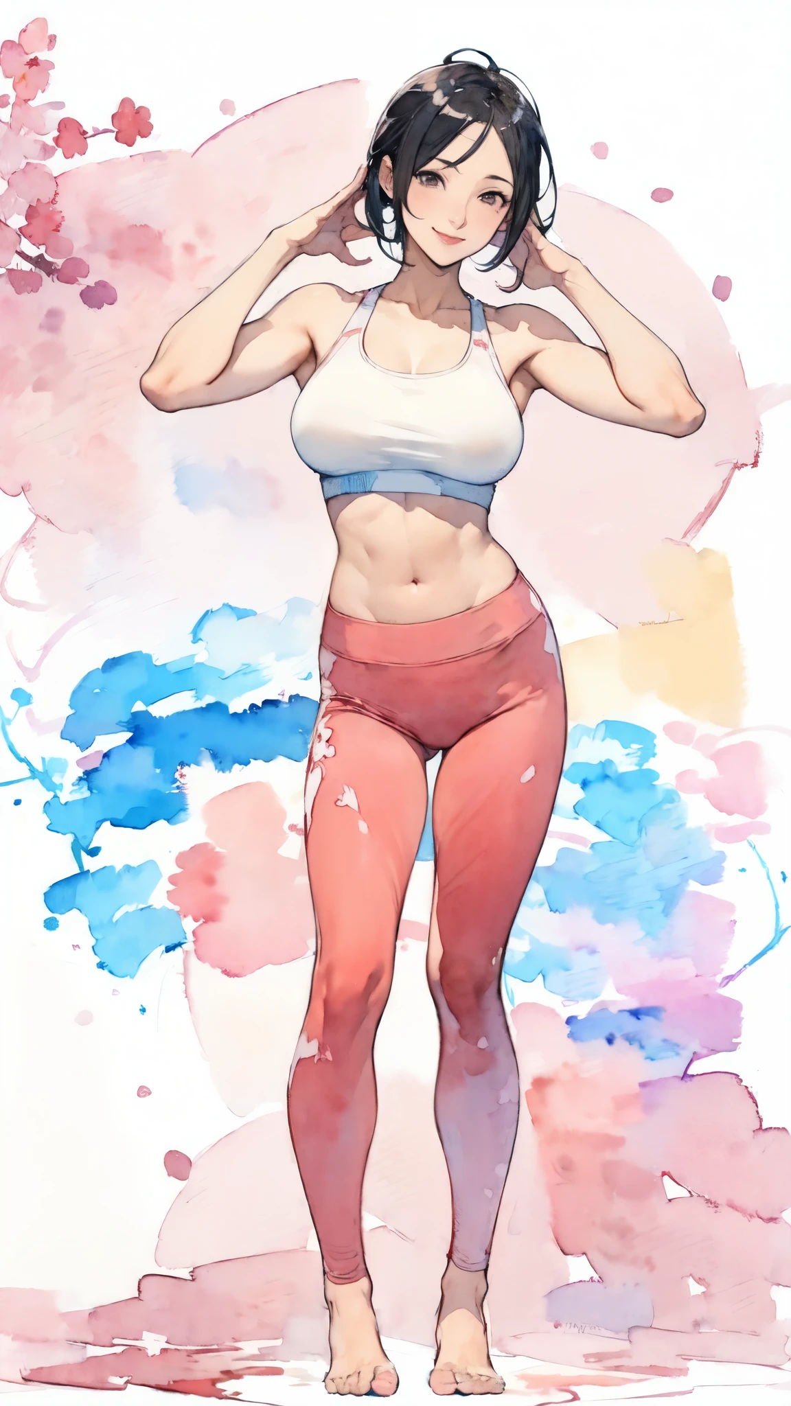 (masterpiece:1.2, Highest quality),(Very detailed),(((watercolor))),8K,wallpaper,(leggings),(Sports Bra),Gravure photoshoot,Middle-aged women,50 years old,Japanese women,ゴージャスなwhole bodyの肖像画,A lovely and delicate face,((Muscular)),(Beautiful Muscles),(Black Hair),(((front))),(((whole body:1.5))),(smile),((Detailed hand drawing)),((Beautiful female hands)),(Big Breasts),(((透明watercolor:1.4))),(((Random Yoga Poses)))