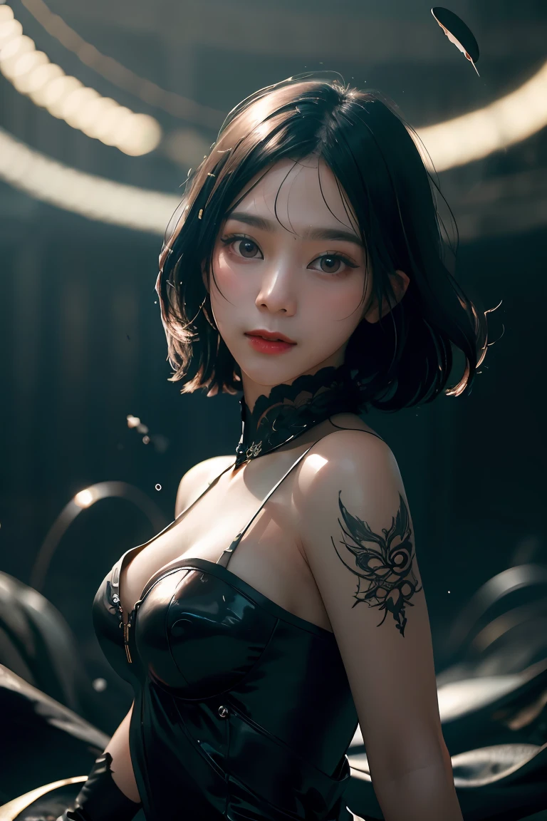 ((masterpiece, best quality)), ultra detailed 8k, photorealistic, sharp focus, highly detailed, professional lighting , shadowmancer, photo of a woman, ink particle, ((swirling black ink floating around)), futuristic fantasy, futuristic black dress, dynamic pose, realistic, masterpiece, intricate details, detailed background, depth of field,
