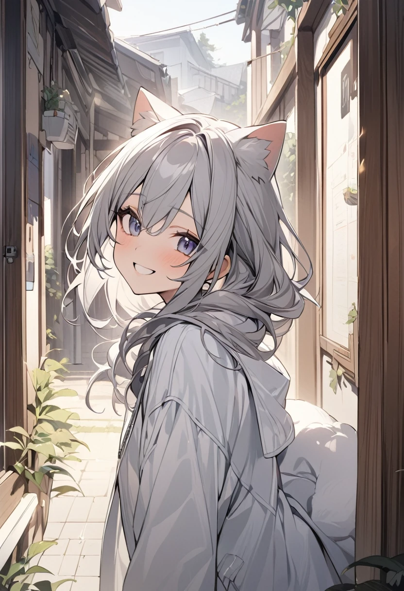 (masterpiece)), ((Very detailed)), (andてもアクティブでクール), woman, alone, Cute attitude,((Jacket)),womanはandても(smile)and(Cat ear)exterior, Gray Hair,background(Pure white wall),Long Hair、ゲーマー見たいなexterior,The clothes are see-through、Place one'In one hand'pocket、Jacketを着ている、Wearing a hood、anime painting