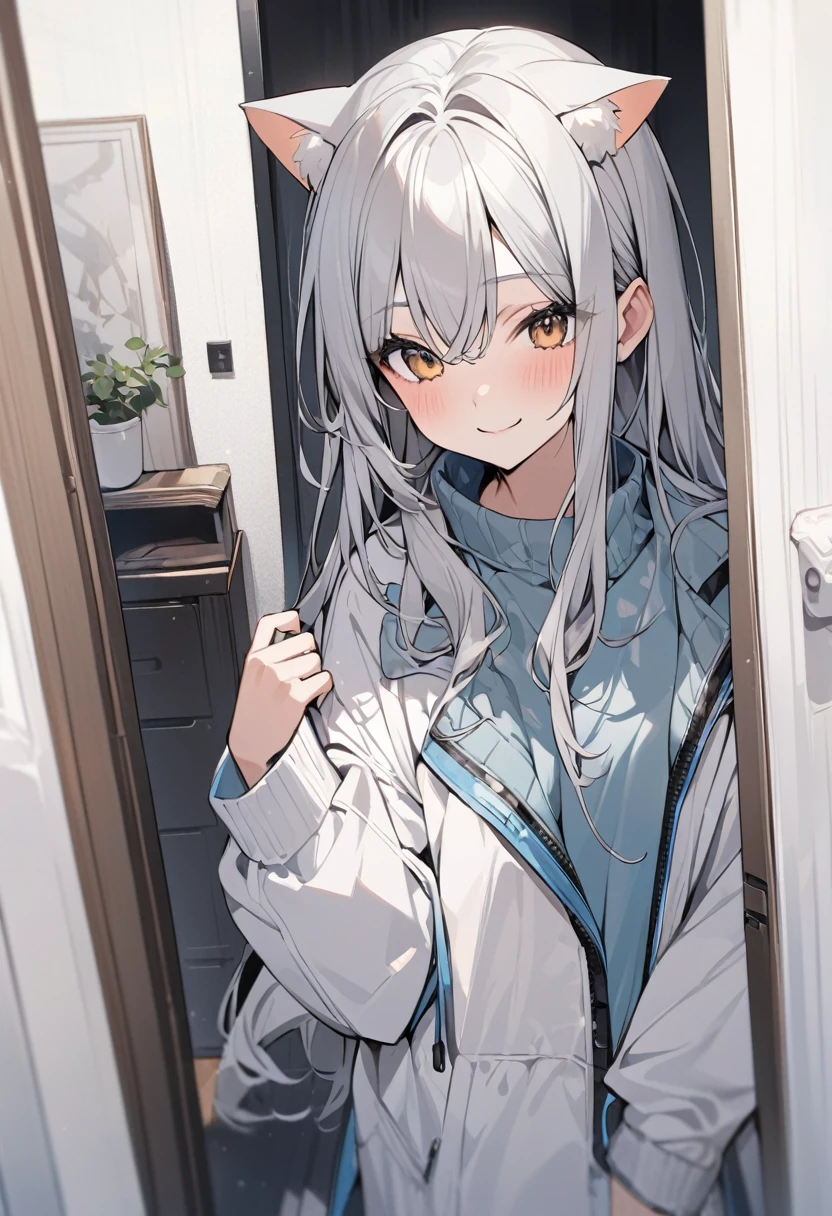 (masterpiece)), ((Very detailed)), (andてもアクティブでクール), woman, alone, Cute attitude,((Jacket)),womanはandても(smile)and(Cat ear)exterior， Gray Hair，background(Pure white wall)，Long Hair、ゲーマー見たいなexterior，The clothes are see-through、Place one&#39;In one hand&#39;pocket、Jacketを着ている、Wearing a hood、anime painting