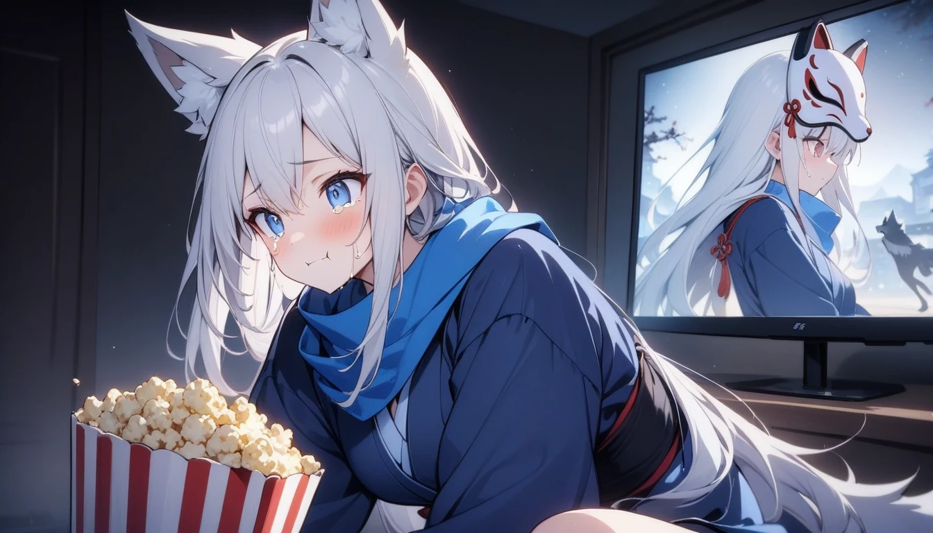 cry、Eating popcorn and watching a movie、Watch videos、(masterpiece, best quality:1.2), 1girl, 独奏,Wolf girl, fox mask, ninja, girl, long white hair, odd eyes, blue kimono, ninja girl, red and blue scarf,, light coming in, fantastic atmosphere.night、Shadows of light and darkness、Eyes glowing in the dark、Black fox mask、、long hair that spreads、Glued to the screen