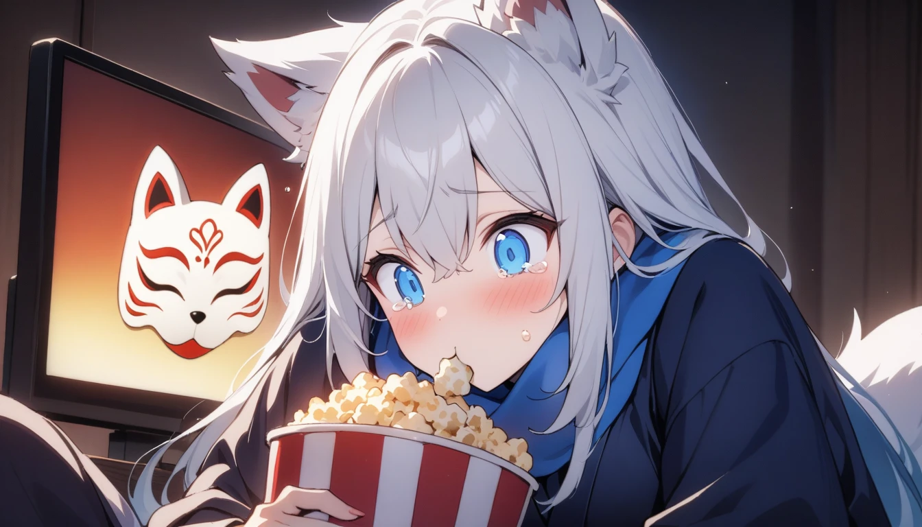 cry、Eating popcorn and watching a movie、Watch videos、(masterpiece, best quality:1.2), 1girl, 独奏,Wolf girl, fox mask, ninja, girl, long white hair, odd eyes, blue kimono, ninja girl, red and blue scarf,, light coming in, fantastic atmosphere.night、Shadows of light and darkness、Eyes glowing in the dark、Black fox mask、、long hair that spreads、Glued to the screen
