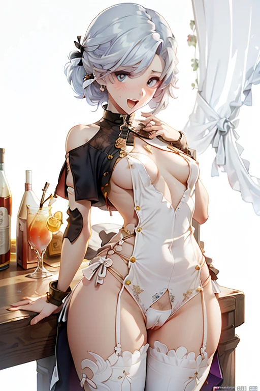(from below:1.2), a girl , purple color hair、Purplish blue eyes that dreamers desire, (Blonde hair) , small stature, Colossal tits, Lori, (masutepiece:1.2, Best Quality), (finely detailed beautiful eye: 1.2), (beautifull detailed face), (perky chest:1.1), (pointed chest:1.2), (the cocktail magazine cover:1.3)，(Best Illumination, extremely delicate and beautiful), sexy pose,make a cocktail , in a bar counter, ((Cinematic Light)), Dramatic light, (Pale white background:1.5), Short bob hair（1:3）、Ultra Contrast、Braid a little around the ears, White long dress、only has 5 fingers、Her pussy is visible through the white thong、cuet pants、You can see inside your underwear、mocking look、nffsw,Arms crossed、grab the arm、Shoot from above:1.2,Best Quality、Large breastuscular pussy、thin Pubic hair,high-level image quality、hightquality、8K,perfect hand、5 fingers、finger pin、Perfect Finger、T back,noise cut、bullet hand、Her hair color should have been a brighter purple.The skirt part is also carefully expressed,Purple skirt、the skirt is floating in the wind、Dark purple panties、thin Pubic hair ,(with sparkling eyes and a contagious smile),open mouth, highest quality, high resolution,Real World, Natural light,perfect Natural light, Looking at Viewer,
