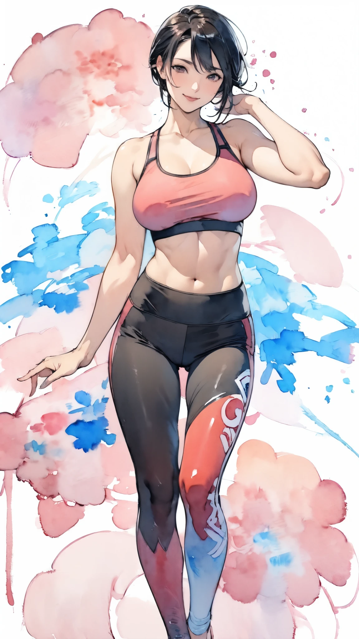 (masterpiece:1.2, Highest quality),(Very detailed),(((watercolor))),8K,wallpaper,(leggings),(Sports Bra),Gravure photoshoot,Middle-aged women,50 years old,Japanese women,ゴージャスなwhole bodyの肖像画,A lovely and delicate face,((Muscular)),(Beautiful Muscles),(Black Hair),(((front))),(((whole body:1.5))),(smile),((Detailed hand drawing)),((Beautiful female hands)),(Big Breasts),(((透明watercolor:1.4))),(((arm up)))
